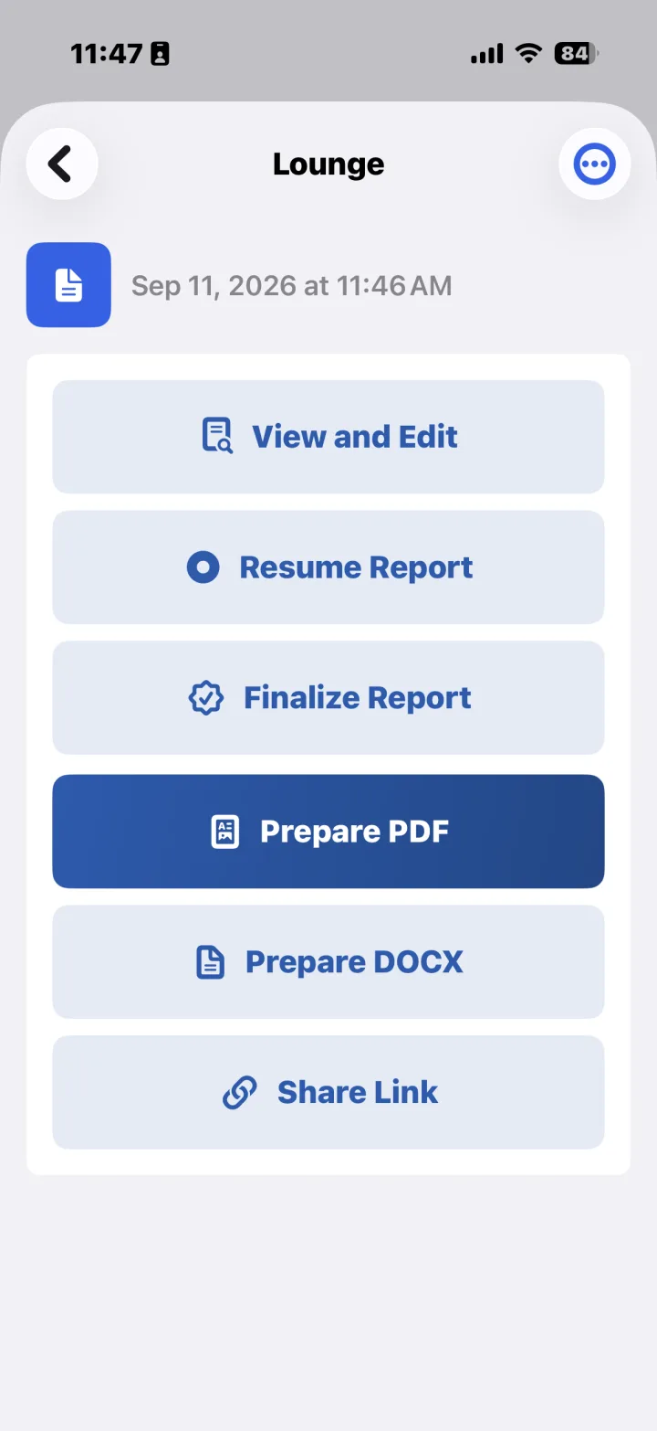 Report 6 report actions: View and Edit, Resume Report, Finalize Report, Prepare PDF, Prepare DOCX, and Share Link.
