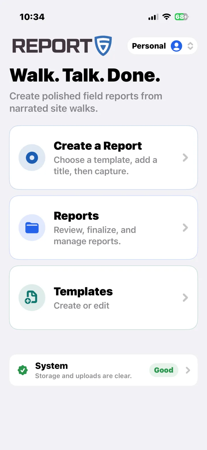 The Report 6 app home screen in a Personal workspace: Create a Report, Reports, Templates, and a system status card.