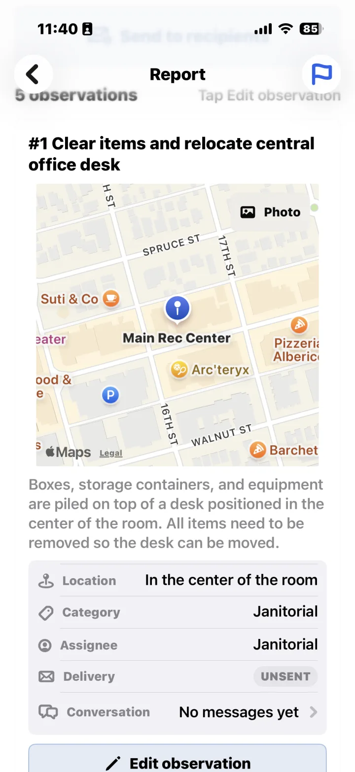 An observation in the Report 6 app switched to its map view, showing where on the site it was captured.
