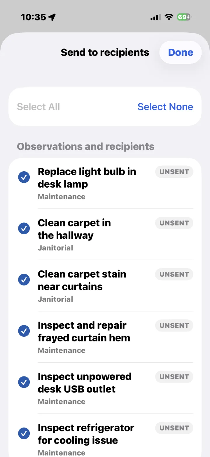 Report 6 send-to-recipients screen: each observation selected, with its category and an unsent status.