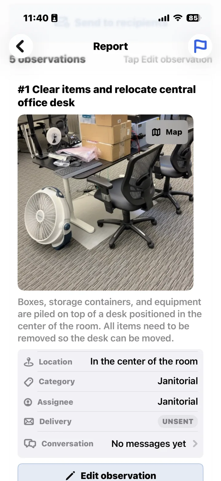 An observation in a finished Report 6 report: the captured photo, the auto-written description, and its location, category, assignee and delivery status.