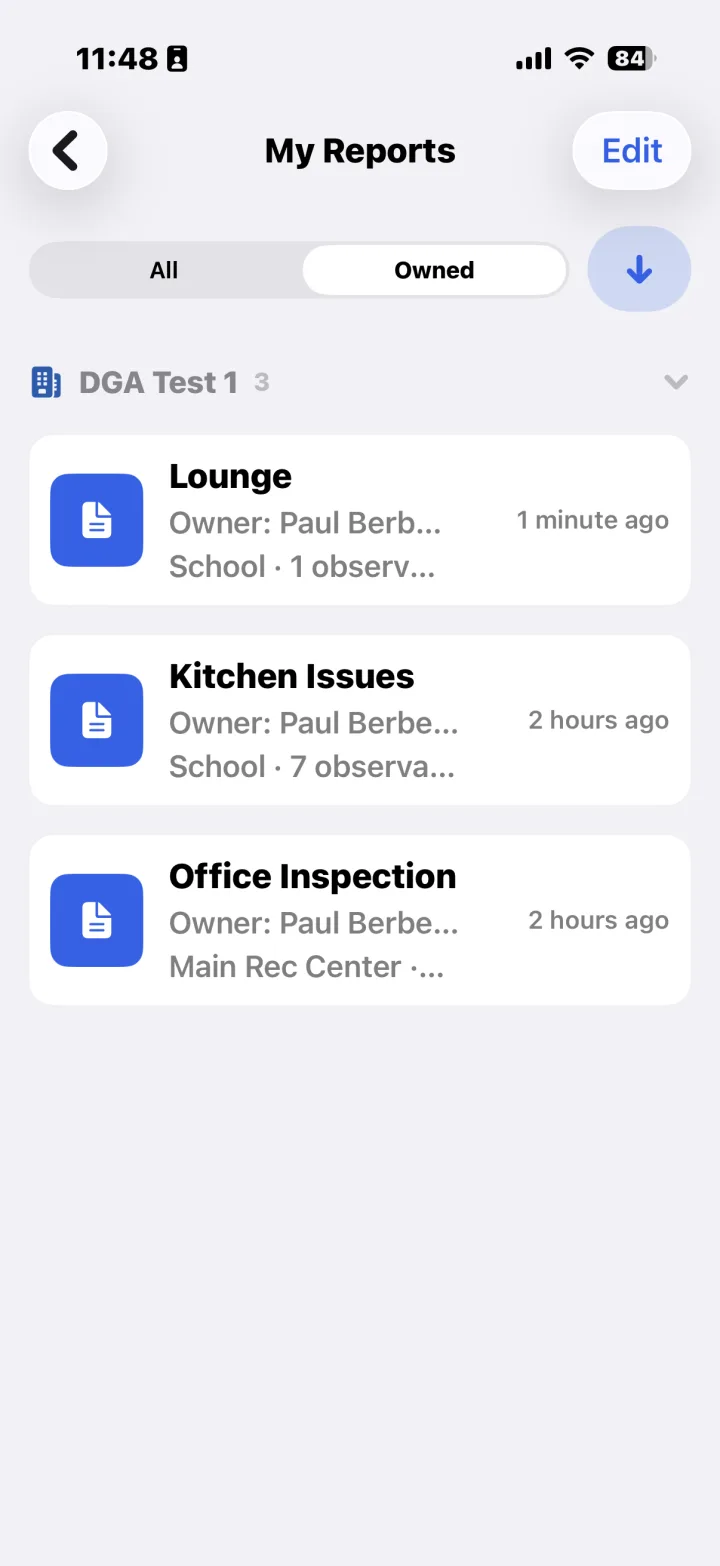 The My Reports library in Report 6, grouped by site, with each report's owner and observation count.