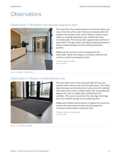 Sample report page 5, observations 1 and 2: a clear reception and elevator approach, and a curled entrance mat, each with an AI-generated photo, a description and a follow-up.