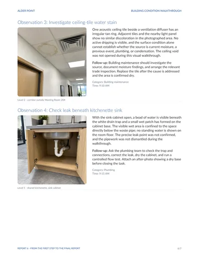 Sample report page 6, observations 3 and 4: a water stain on a ceiling tile, and a leak beneath the kitchenette sink, each with an AI-generated photo, a description and a follow-up.
