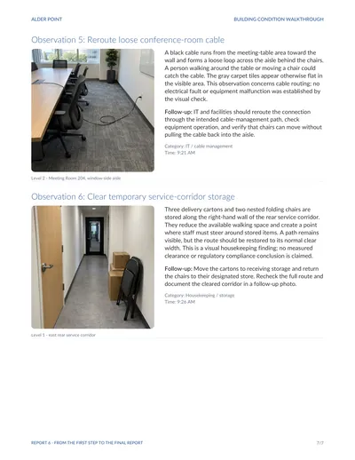Sample report page 7, observations 5 and 6: a loose conference-room cable, and cartons and chairs narrowing a service corridor, each with an AI-generated photo, a description and a follow-up.